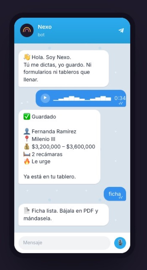 Conversación real del asistente: una nota de voz de 34 segundos se convierte en una ficha de prospecto con nombre, zona, presupuesto y urgencia.